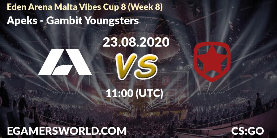 Apeks - Gambit Youngsters: Maç tahminleri. 23.08.2020 at 11:00, Counter-Strike (CS2), Eden Arena Malta Vibes Cup 8 (Week 8)
