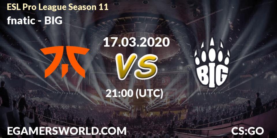 fnatic - BIG: Maç tahminleri. 17.03.2020 at 21:00, Counter-Strike (CS2), ESL Pro League Season 11: Europe
