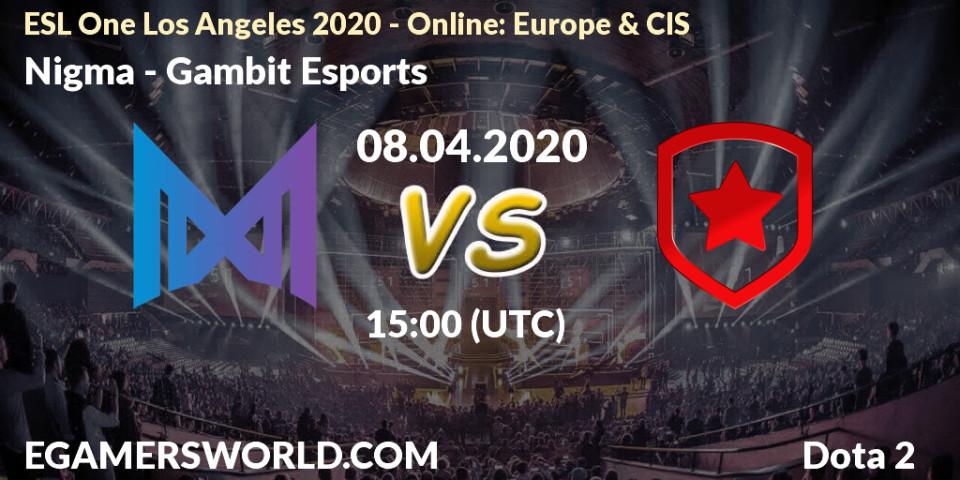 Nigma - Gambit Esports: Maç tahminleri. 08.04.20, Dota 2, ESL One Los Angeles 2020 - Online: Europe & CIS