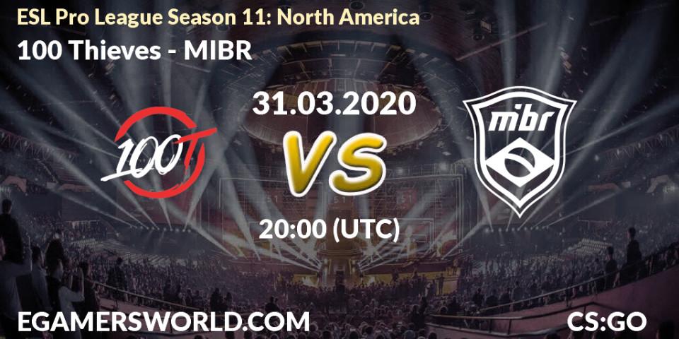 100 Thieves - MIBR: Maç tahminleri. 31.03.2020 at 20:00, Counter-Strike (CS2), ESL Pro League Season 11: North America
