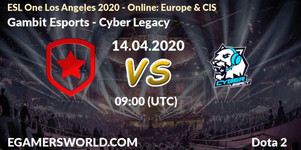 Gambit Esports - Cyber Legacy: Maç tahminleri. 14.04.2020 at 09:00, Dota 2, ESL One Los Angeles 2020 - Online: Europe & CIS