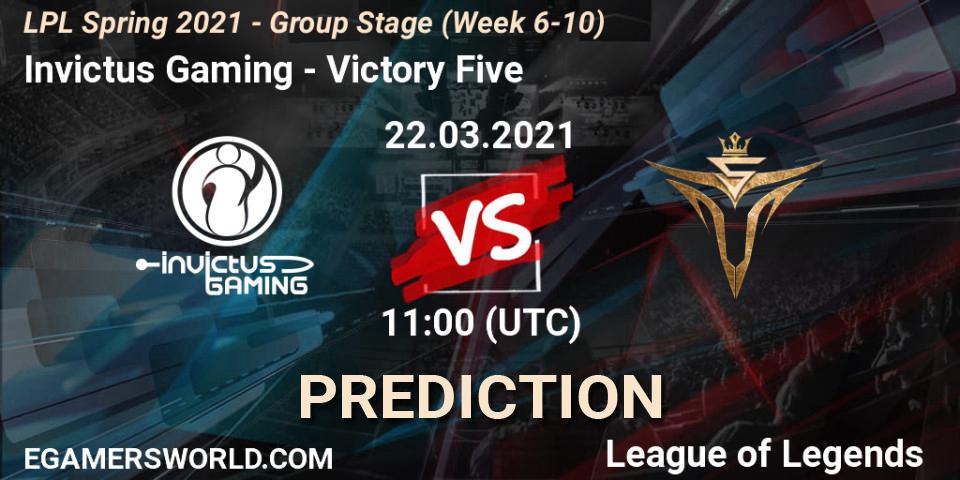 Invictus Gaming - Victory Five: Maç tahminleri. 22.03.2021 at 11:00, LoL, LPL Spring 2021 - Group Stage (Week 6-10)