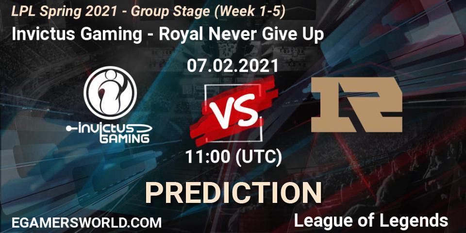 Invictus Gaming - Royal Never Give Up: Maç tahminleri. 07.02.2021 at 12:08, LoL, LPL Spring 2021 - Group Stage (Week 1-5)