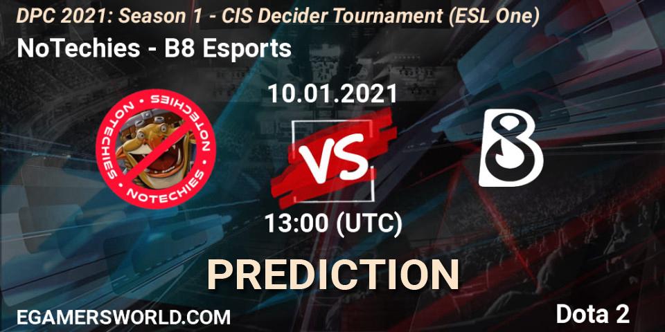 NoTechies - B8 Esports: Maç tahminleri. 10.01.2021 at 13:00, Dota 2, DPC 2021: Season 1 - CIS Decider Tournament (ESL One)