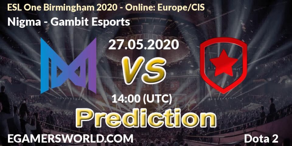 Nigma - Gambit Esports: Maç tahminleri. 27.05.2020 at 14:18, Dota 2, ESL One Birmingham 2020 - Online: Europe/CIS