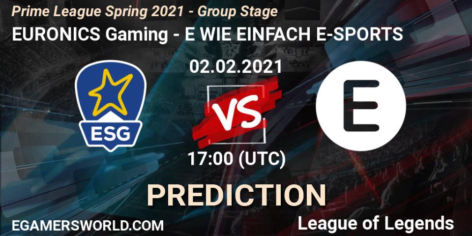 EURONICS Gaming - E WIE EINFACH E-SPORTS: Maç tahminleri. 02.02.2021 at 18:00, LoL, Prime League Spring 2021 - Group Stage