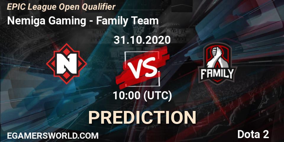 Nemiga Gaming - Family Team: Maç tahminleri. 31.10.2020 at 10:20, Dota 2, EPIC League Open Qualifier