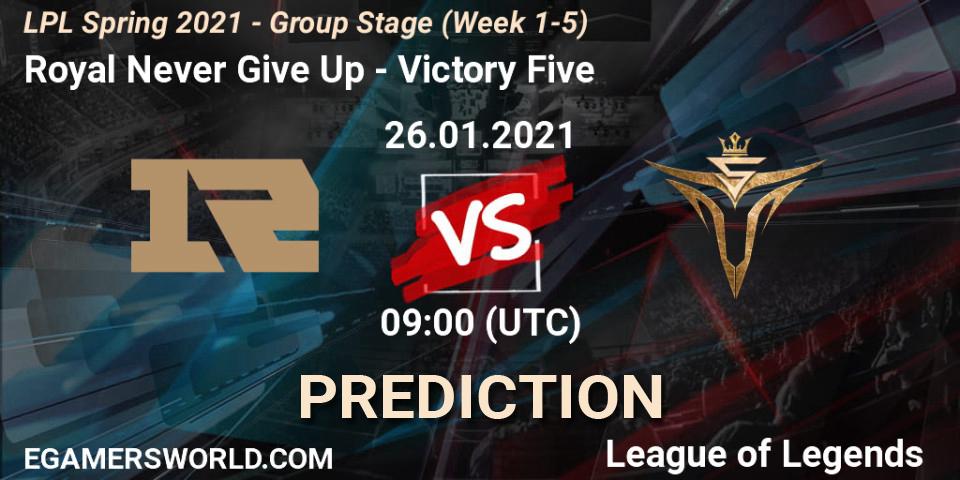 Royal Never Give Up - Victory Five: Maç tahminleri. 26.01.2021 at 09:20, LoL, LPL Spring 2021 - Group Stage (Week 1-5)