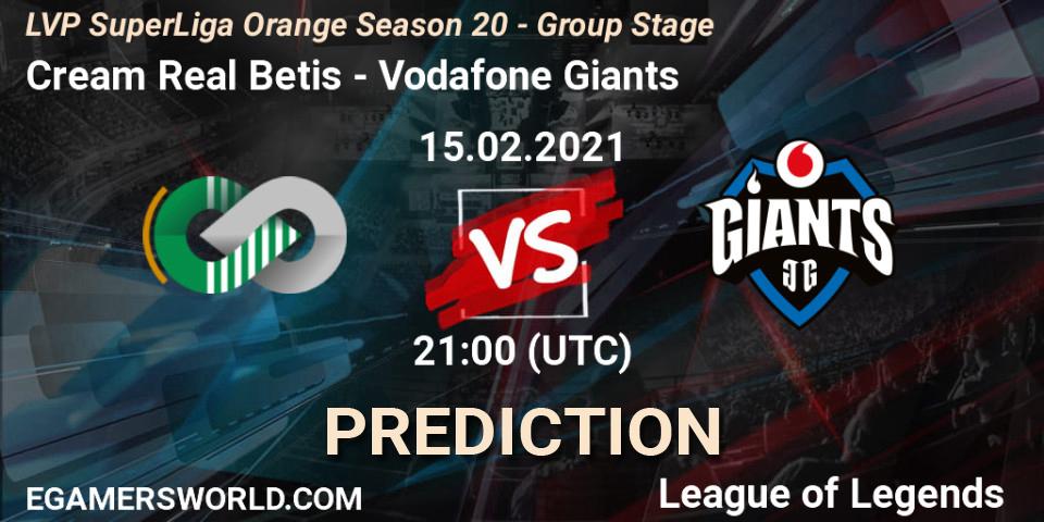 Cream Real Betis - Vodafone Giants: Maç tahminleri. 15.02.2021 at 21:15, LoL, LVP SuperLiga Orange Season 20 - Group Stage