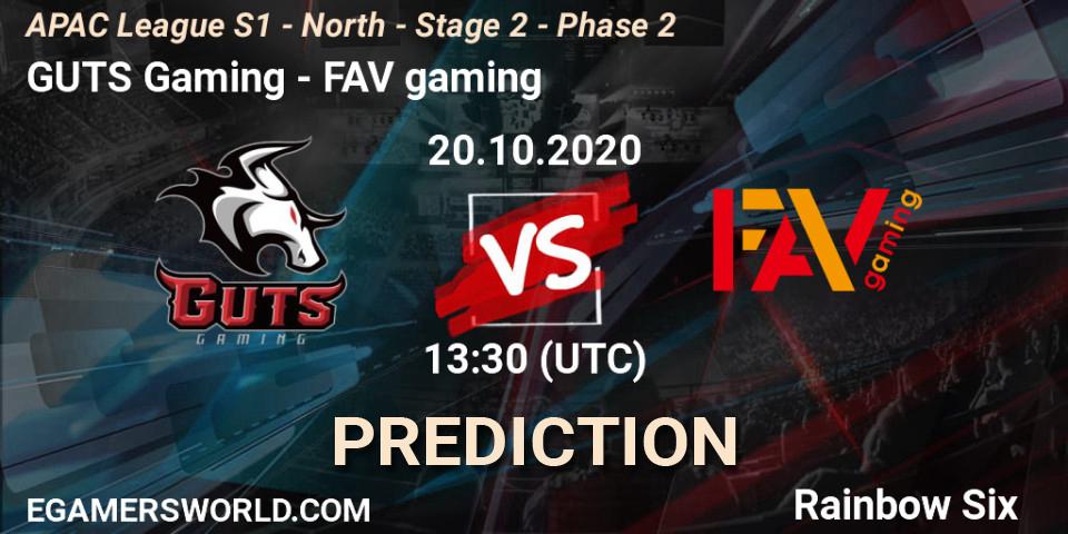 GUTS Gaming - FAV gaming: Maç tahminleri. 20.10.2020 at 13:30, Rainbow Six, APAC League S1 - North - Stage 2 - Phase 2