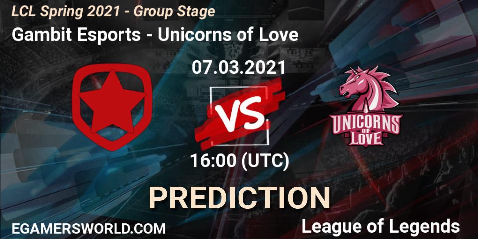 Gambit Esports - Unicorns of Love: Maç tahminleri. 07.03.21, LoL, LCL Spring 2021 - Group Stage