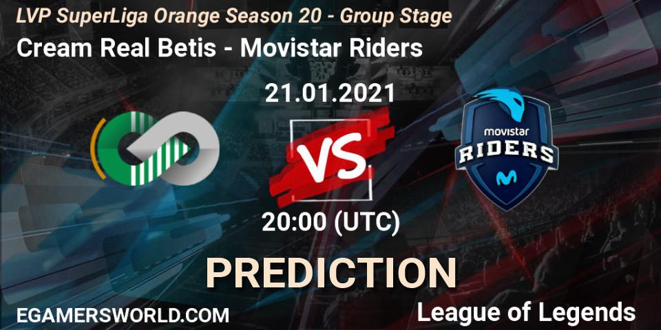 Cream Real Betis - Movistar Riders: Maç tahminleri. 21.01.2021 at 20:00, LoL, LVP SuperLiga Orange Season 20 - Group Stage