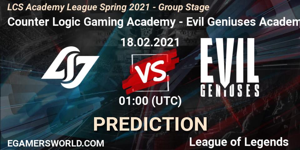 Counter Logic Gaming Academy - Evil Geniuses Academy: Maç tahminleri. 18.02.2021 at 01:00, LoL, LCS Academy League Spring 2021 - Group Stage