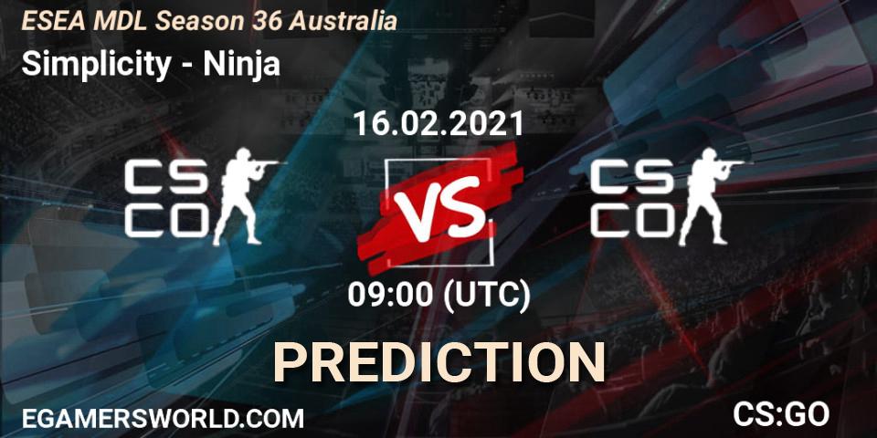 Simplicity - Ninja: Maç tahminleri. 16.02.2021 at 09:00, Counter-Strike (CS2), MDL ESEA Season 36: Australia - Premier Division