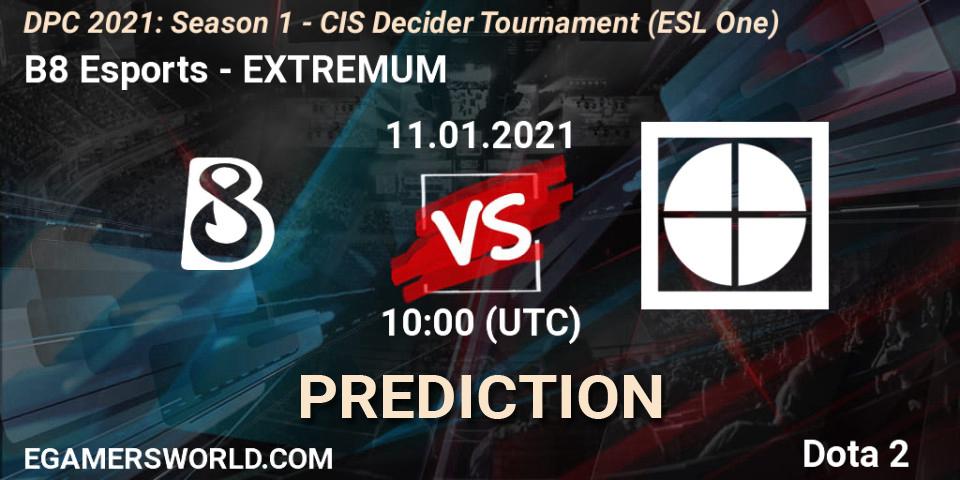 B8 Esports - EXTREMUM: Maç tahminleri. 11.01.2021 at 10:00, Dota 2, DPC 2021: Season 1 - CIS Decider Tournament (ESL One)