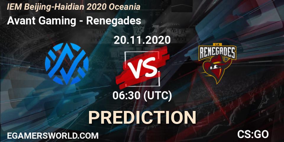 Avant Gaming - Renegades: Maç tahminleri. 20.11.2020 at 06:30, Counter-Strike (CS2), IEM Beijing-Haidian 2020 Oceania