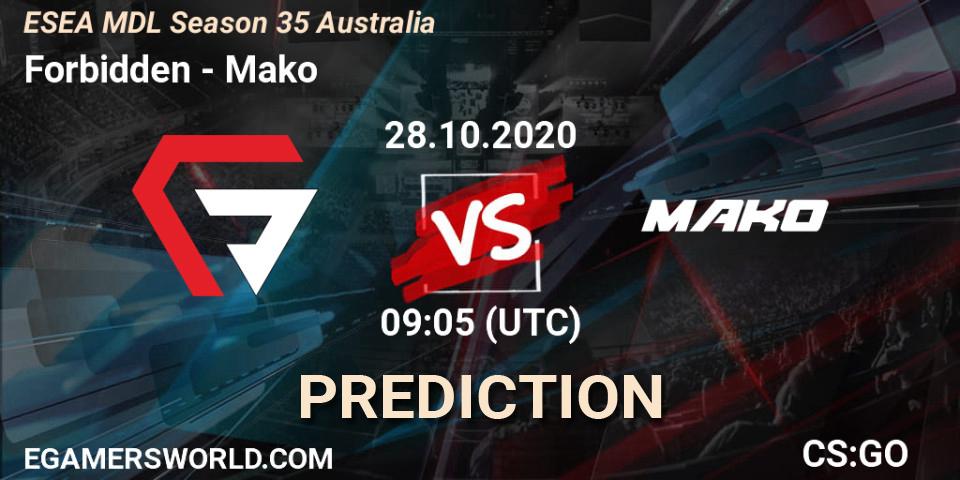 Forbidden - Mako: Maç tahminleri. 28.10.2020 at 09:05, Counter-Strike (CS2), ESEA MDL Season 35 Australia