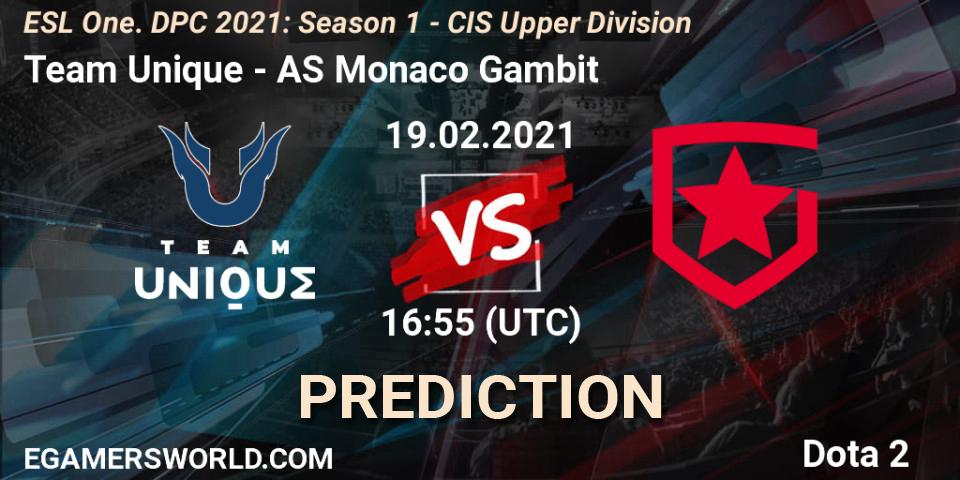 Team Unique - AS Monaco Gambit: Maç tahminleri. 19.02.2021 at 16:55, Dota 2, ESL One. DPC 2021: Season 1 - CIS Upper Division