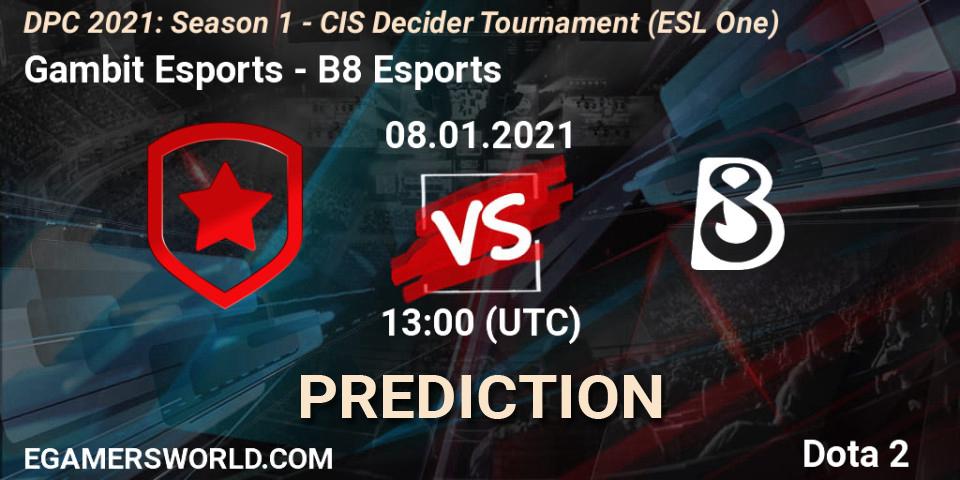 Gambit Esports - B8 Esports: Maç tahminleri. 08.01.2021 at 13:31, Dota 2, DPC 2021: Season 1 - CIS Decider Tournament (ESL One)