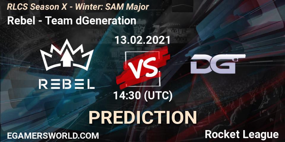 Rebel - Team dGeneration: Maç tahminleri. 13.02.2021 at 14:30, Rocket League, RLCS Season X - Winter: SAM Major