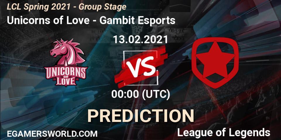 Unicorns of Love - Gambit Esports: Maç tahminleri. 13.02.2021 at 13:00, LoL, LCL Spring 2021 - Group Stage