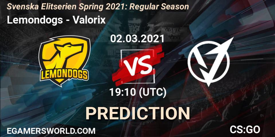 Lemondogs - Valorix: Maç tahminleri. 02.03.2021 at 19:10, Counter-Strike (CS2), Svenska Elitserien Spring 2021: Regular Season