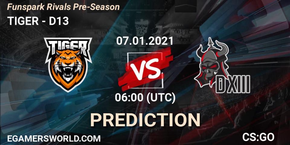 TIGER - D13: Maç tahminleri. 07.01.2021 at 06:00, Counter-Strike (CS2), Funspark Rivals Pre-Season