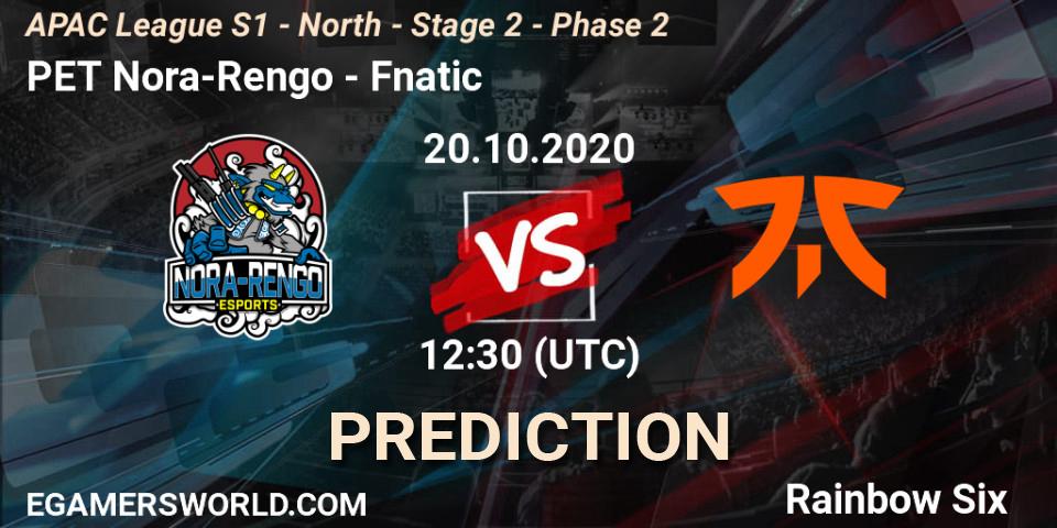 PET Nora-Rengo - Fnatic: Maç tahminleri. 20.10.2020 at 12:30, Rainbow Six, APAC League S1 - North - Stage 2 - Phase 2