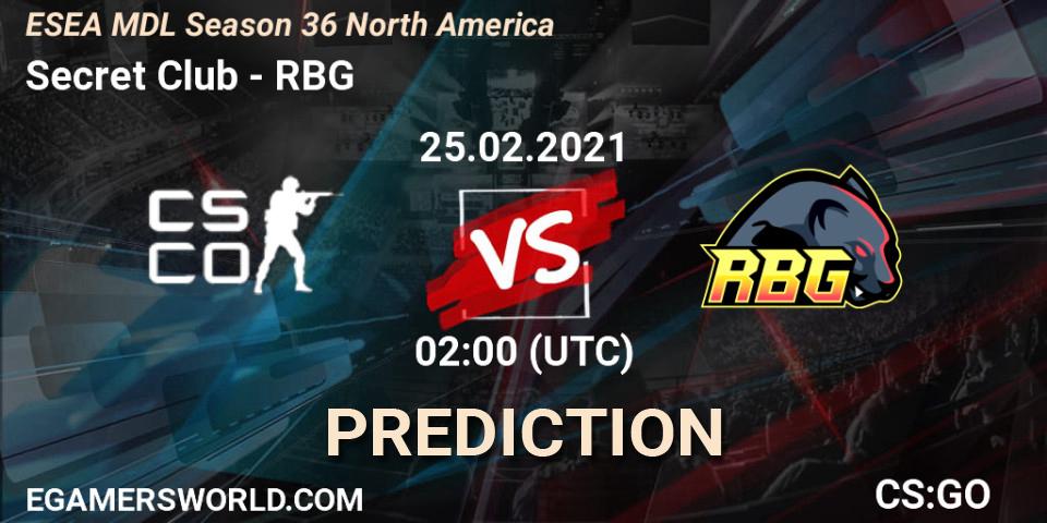 Secret Club - RBG: Maç tahminleri. 25.02.2021 at 02:00, Counter-Strike (CS2), MDL ESEA Season 36: North America - Premier Division
