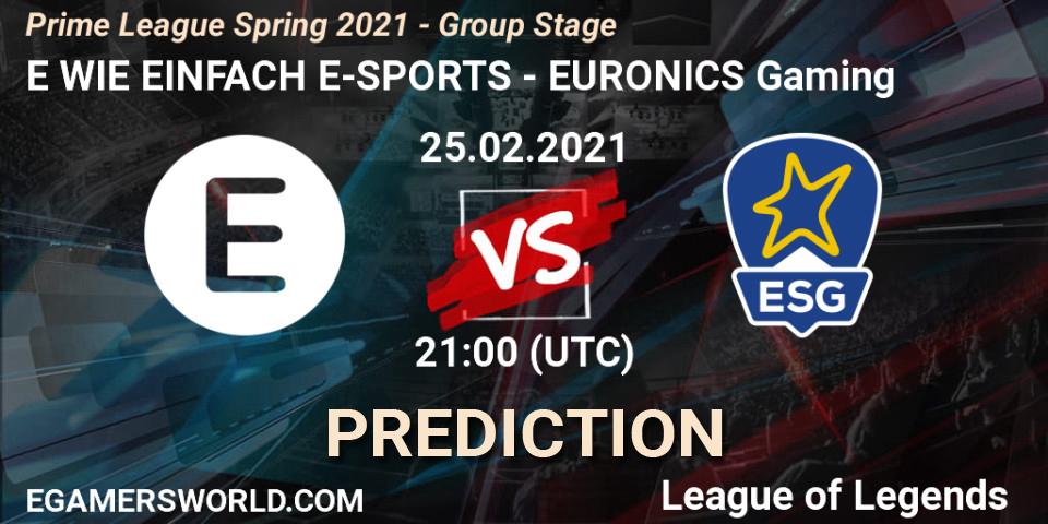 E WIE EINFACH E-SPORTS - EURONICS Gaming: Maç tahminleri. 25.02.2021 at 21:15, LoL, Prime League Spring 2021 - Group Stage