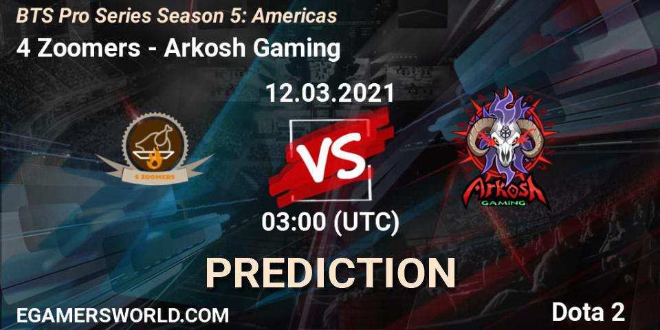 4 Zoomers - Arkosh Gaming: Maç tahminleri. 12.03.2021 at 00:59, Dota 2, BTS Pro Series Season 5: Americas