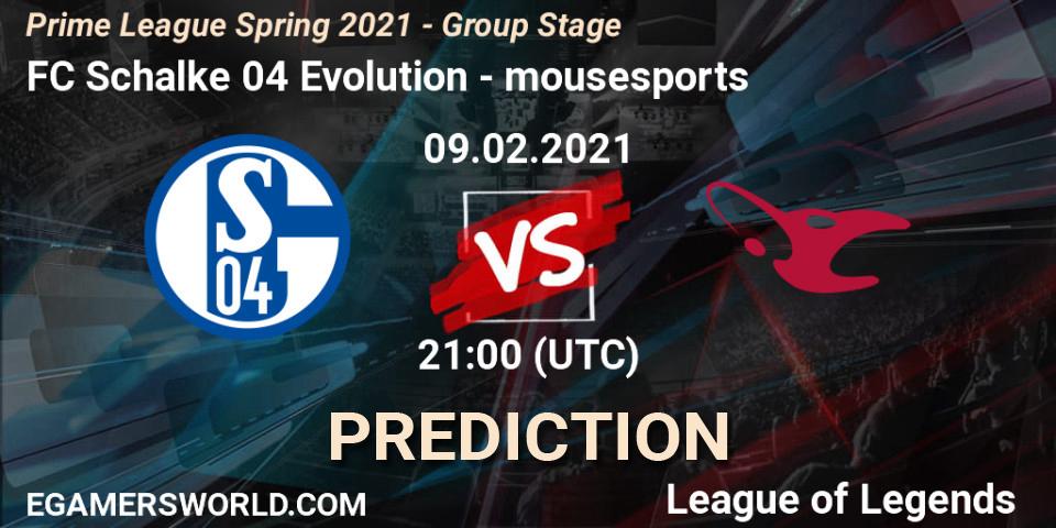 FC Schalke 04 Evolution - mousesports: Maç tahminleri. 09.02.2021 at 20:15, LoL, Prime League Spring 2021 - Group Stage