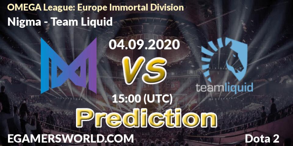 Nigma - Team Liquid: Maç tahminleri. 04.09.2020 at 15:01, Dota 2, OMEGA League: Europe Immortal Division