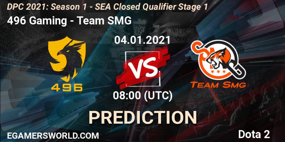 496 Gaming - Team SMG: Maç tahminleri. 04.01.2021 at 08:32, Dota 2, DPC 2021: Season 1 - SEA Closed Qualifier Stage 1