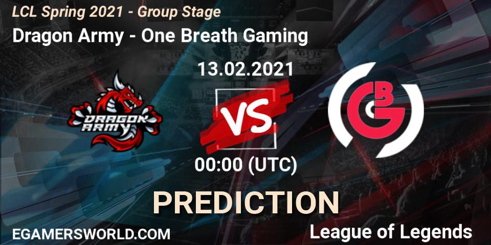 Dragon Army - One Breath Gaming: Maç tahminleri. 13.02.2021 at 14:00, LoL, LCL Spring 2021 - Group Stage