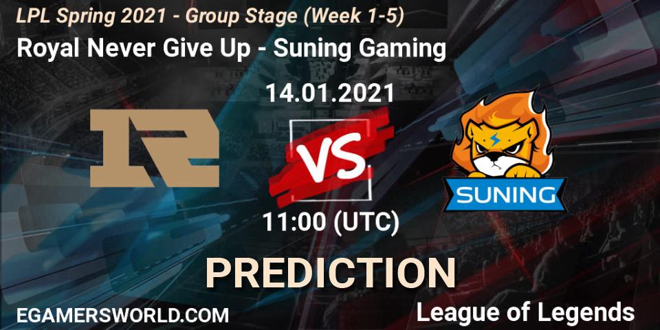 Royal Never Give Up - Suning Gaming: Maç tahminleri. 14.01.2021 at 11:00, LoL, LPL Spring 2021 - Group Stage (Week 1-5)