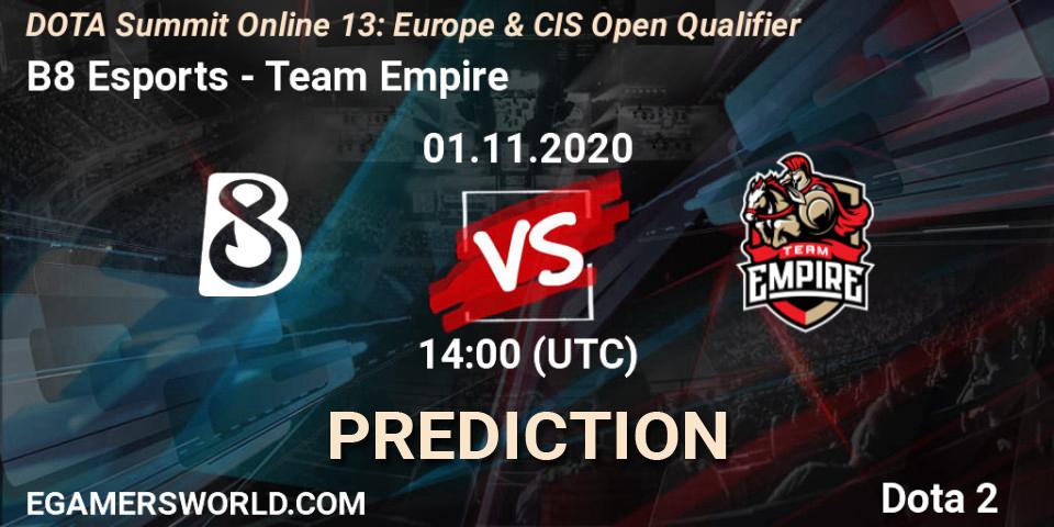 B8 Esports - Team Empire: Maç tahminleri. 01.11.2020 at 15:31, Dota 2, DOTA Summit 13: Europe & CIS Open Qualifier