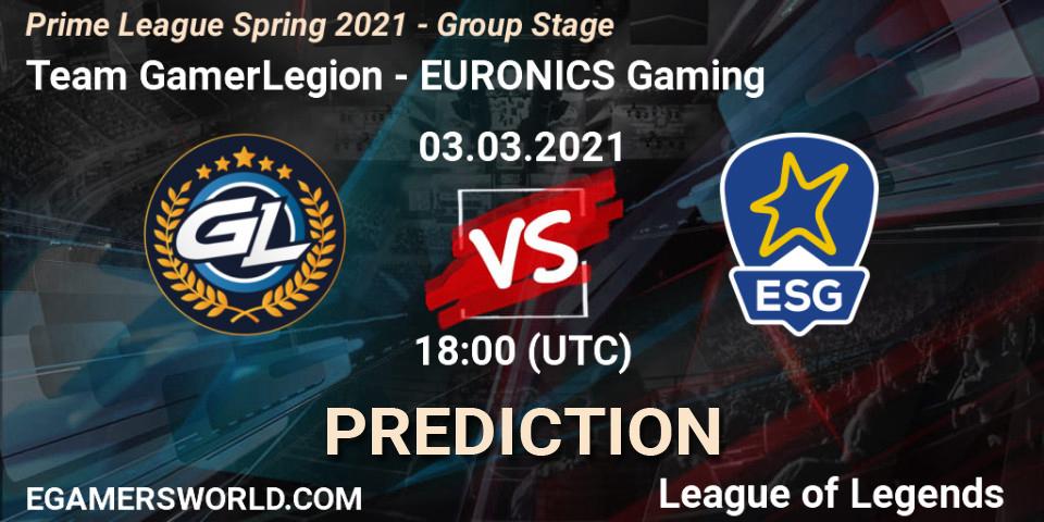 Team GamerLegion - EURONICS Gaming: Maç tahminleri. 03.03.2021 at 18:00, LoL, Prime League Spring 2021 - Group Stage