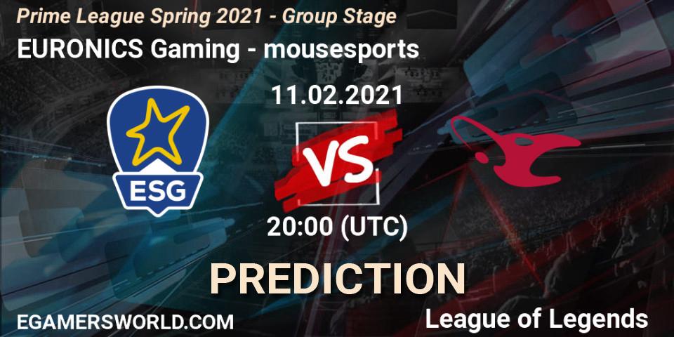 EURONICS Gaming - mousesports: Maç tahminleri. 11.02.2021 at 20:00, LoL, Prime League Spring 2021 - Group Stage