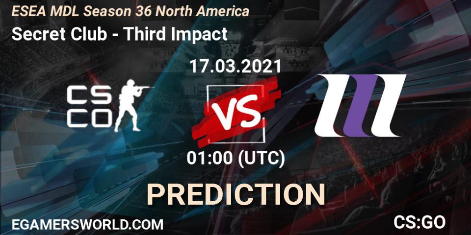 Secret Club - Third Impact: Maç tahminleri. 17.03.2021 at 01:00, Counter-Strike (CS2), MDL ESEA Season 36: North America - Premier Division