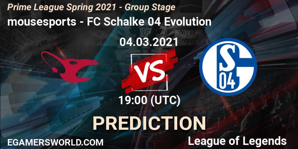 mousesports - FC Schalke 04 Evolution: Maç tahminleri. 04.03.2021 at 18:45, LoL, Prime League Spring 2021 - Group Stage