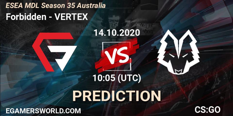Forbidden - VERTEX: Maç tahminleri. 14.10.2020 at 10:05, Counter-Strike (CS2), ESEA MDL Season 35 Australia