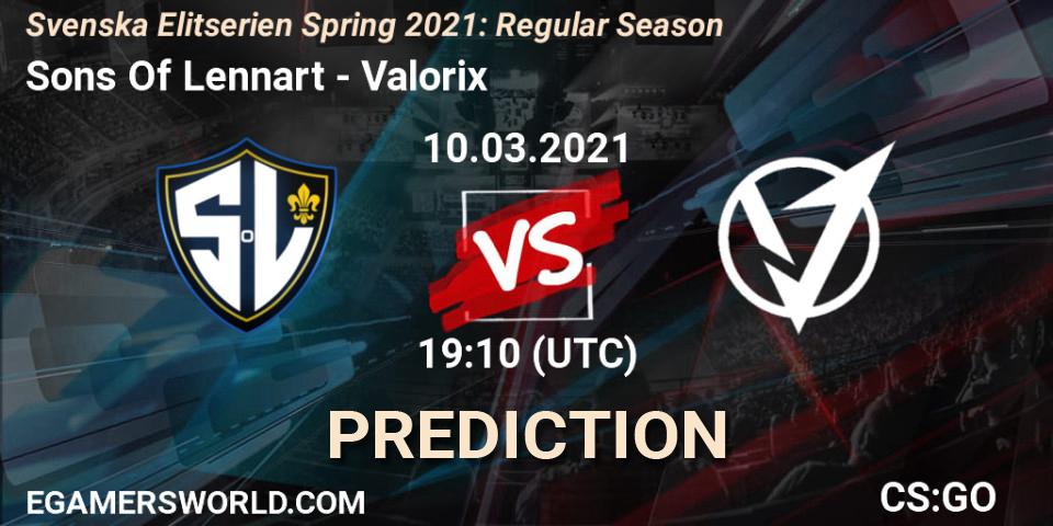 Sons Of Lennart - Valorix: Maç tahminleri. 10.03.2021 at 19:10, Counter-Strike (CS2), Svenska Elitserien Spring 2021: Regular Season