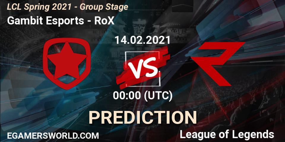 Gambit Esports - RoX: Maç tahminleri. 14.02.2021 at 13:00, LoL, LCL Spring 2021 - Group Stage