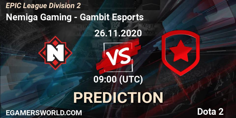 Nemiga Gaming - Gambit Esports: Maç tahminleri. 26.11.2020 at 09:00, Dota 2, EPIC League Division 2
