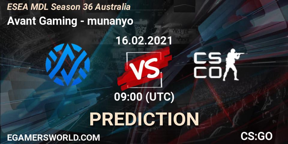 Avant Gaming - munanyo: Maç tahminleri. 16.02.21, CS2 (CS:GO), MDL ESEA Season 36: Australia - Premier Division