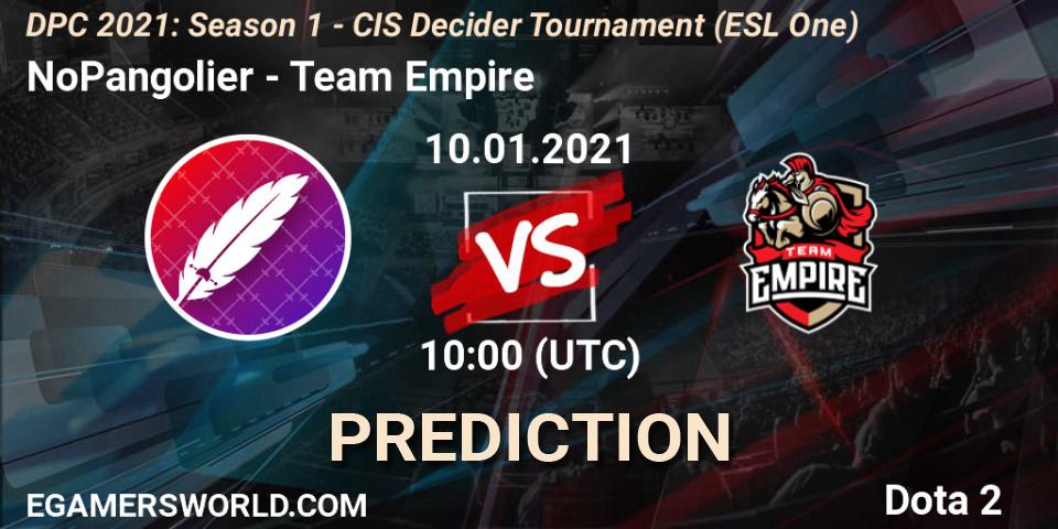 NoPangolier - Team Empire: Maç tahminleri. 10.01.2021 at 10:00, Dota 2, DPC 2021: Season 1 - CIS Decider Tournament (ESL One)