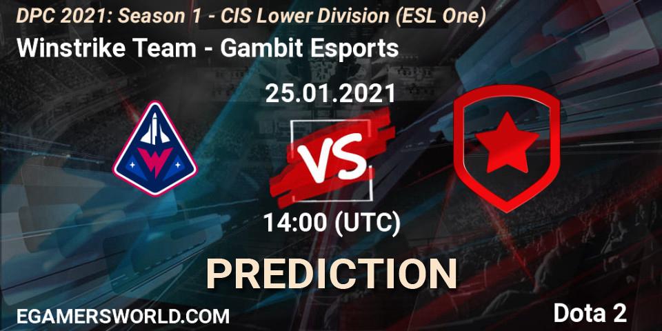 Winstrike Team - Gambit Esports: Maç tahminleri. 25.01.2021 at 13:59, Dota 2, ESL One. DPC 2021: Season 1 - CIS Lower Division