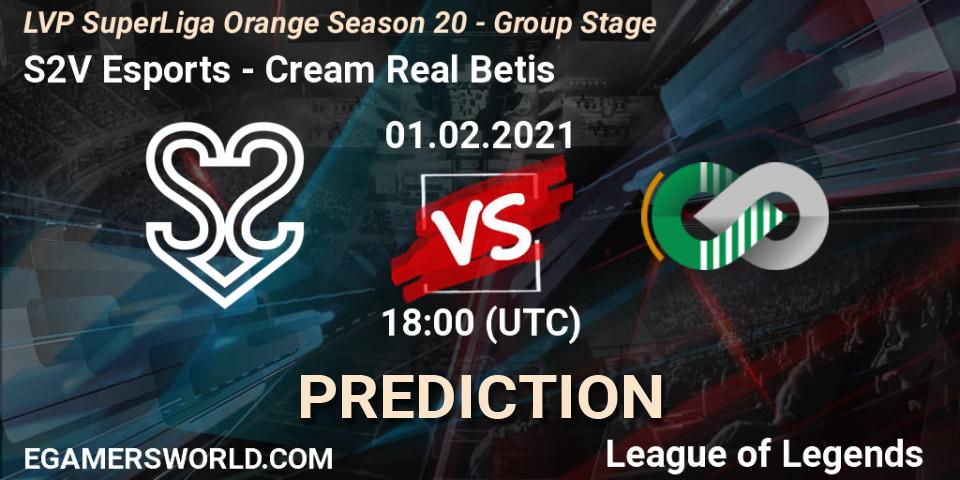 S2V Esports - Cream Real Betis: Maç tahminleri. 01.02.2021 at 18:10, LoL, LVP SuperLiga Orange Season 20 - Group Stage