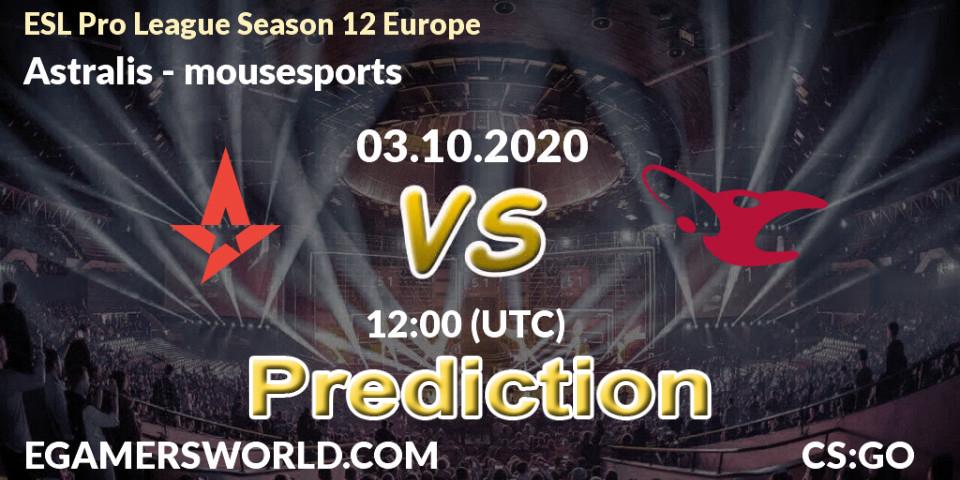 Astralis - mousesports: Maç tahminleri. 03.10.2020 at 12:00, Counter-Strike (CS2), ESL Pro League Season 12 Europe